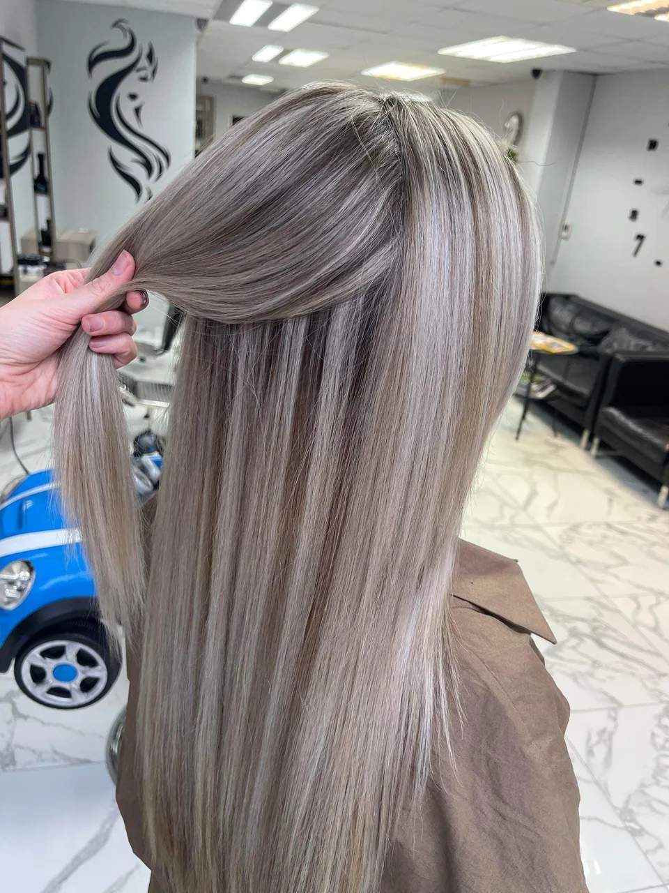 Long silver highlighted hair